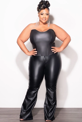 Sustainable Fabric StaticResistantMaterial Final Sale Plus Size Faux Leather Bell Bottom Pants in Black