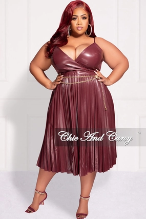 Travel Friendly Final Sale Plus Size Faux Leather Faux Wrap Spaghetti Strap Pleated Dress in Burgundy