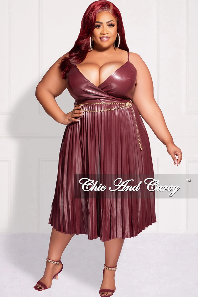 SturdyBeltLoops Simple Comfort Wear Final Sale Plus Size Faux Leather Faux Wrap Spaghetti Strap Pleated Dress in Burgundy