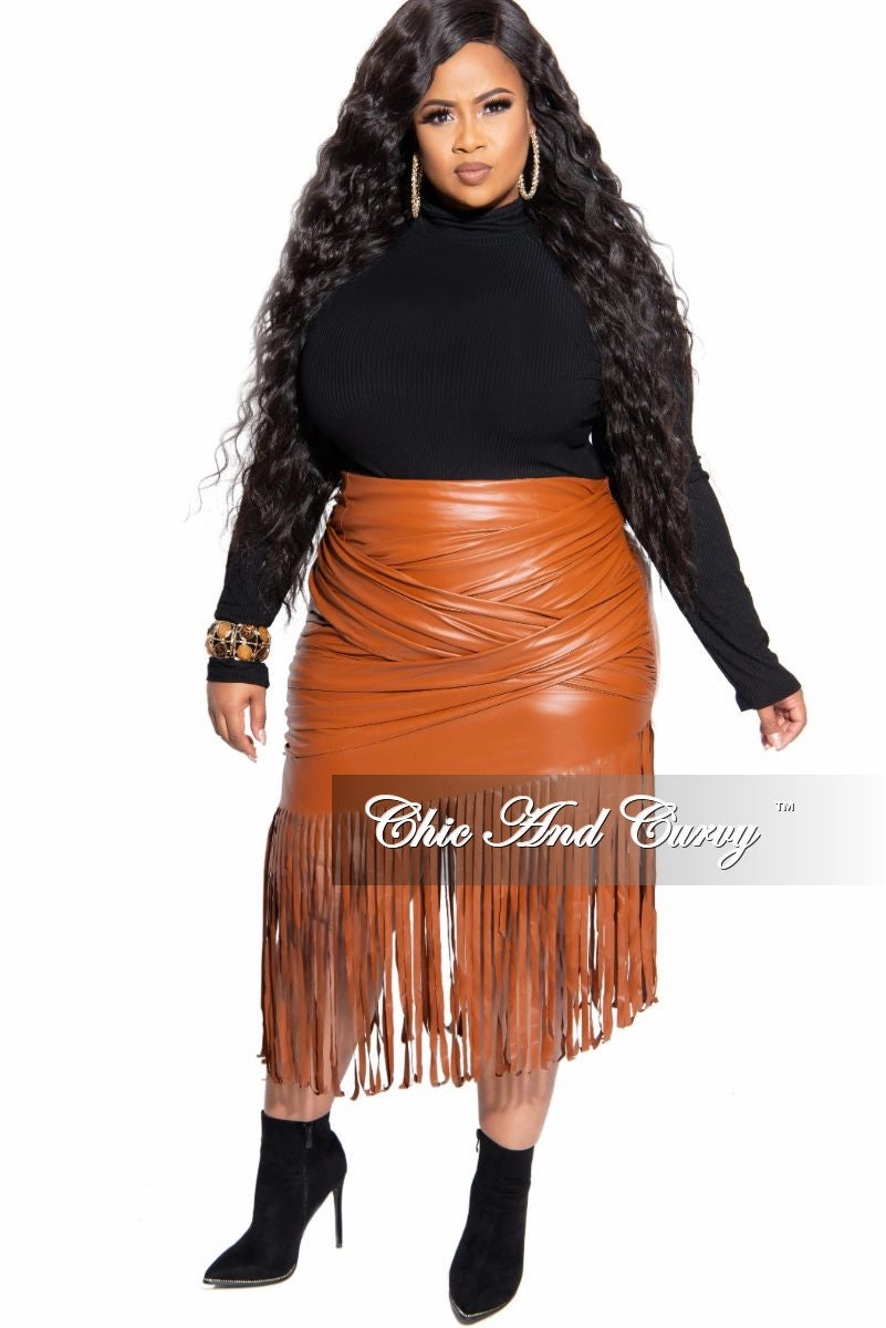 Breathable Waist Tall Length Final Sale Plus Size Faux Leather Fringe Skirt in Cognac
