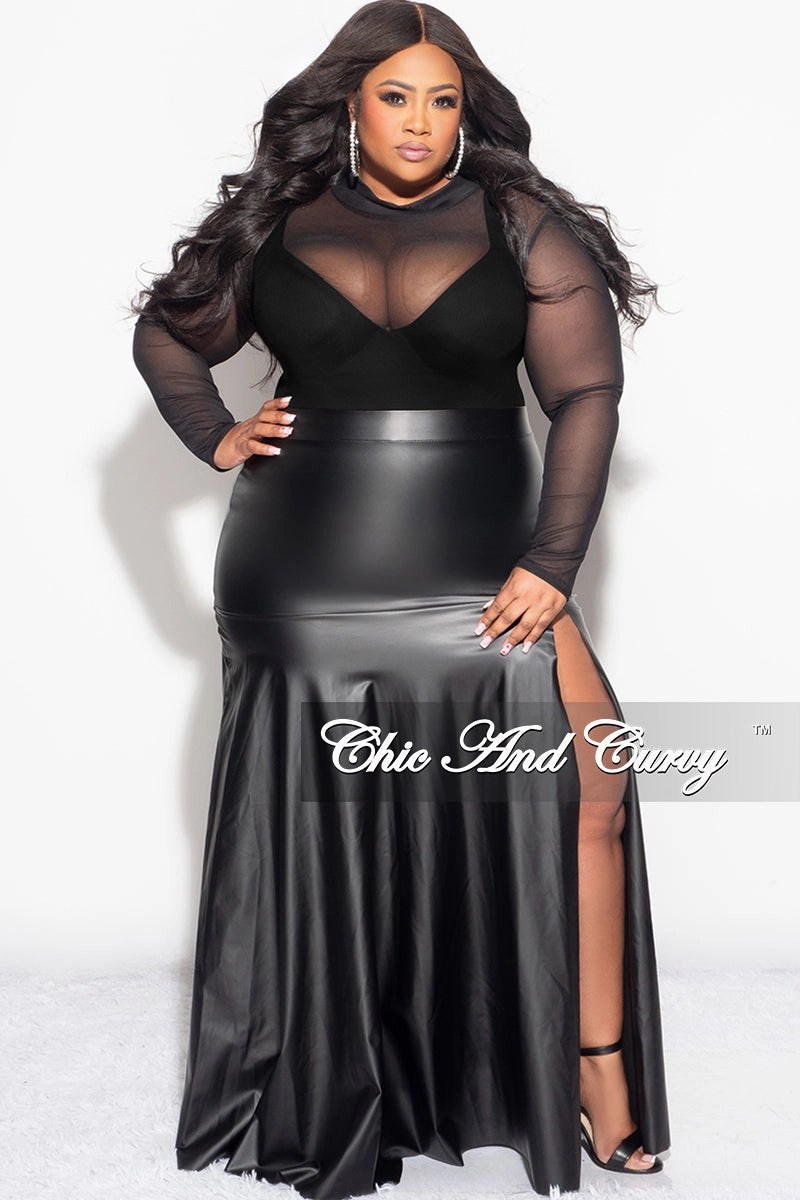 Final Sale Plus Size Faux Leather Maxi Skirt with Front High Slit in Black Body-Hugging Fit Fast Move
