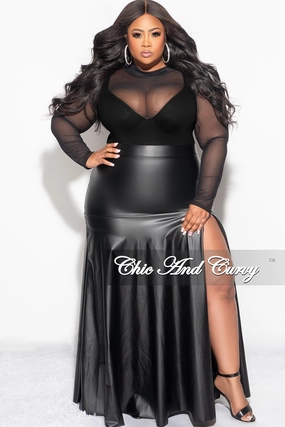 Final Sale Plus Size Faux Leather Maxi Skirt with Front High Slit in Black Daily Style Chill Mode