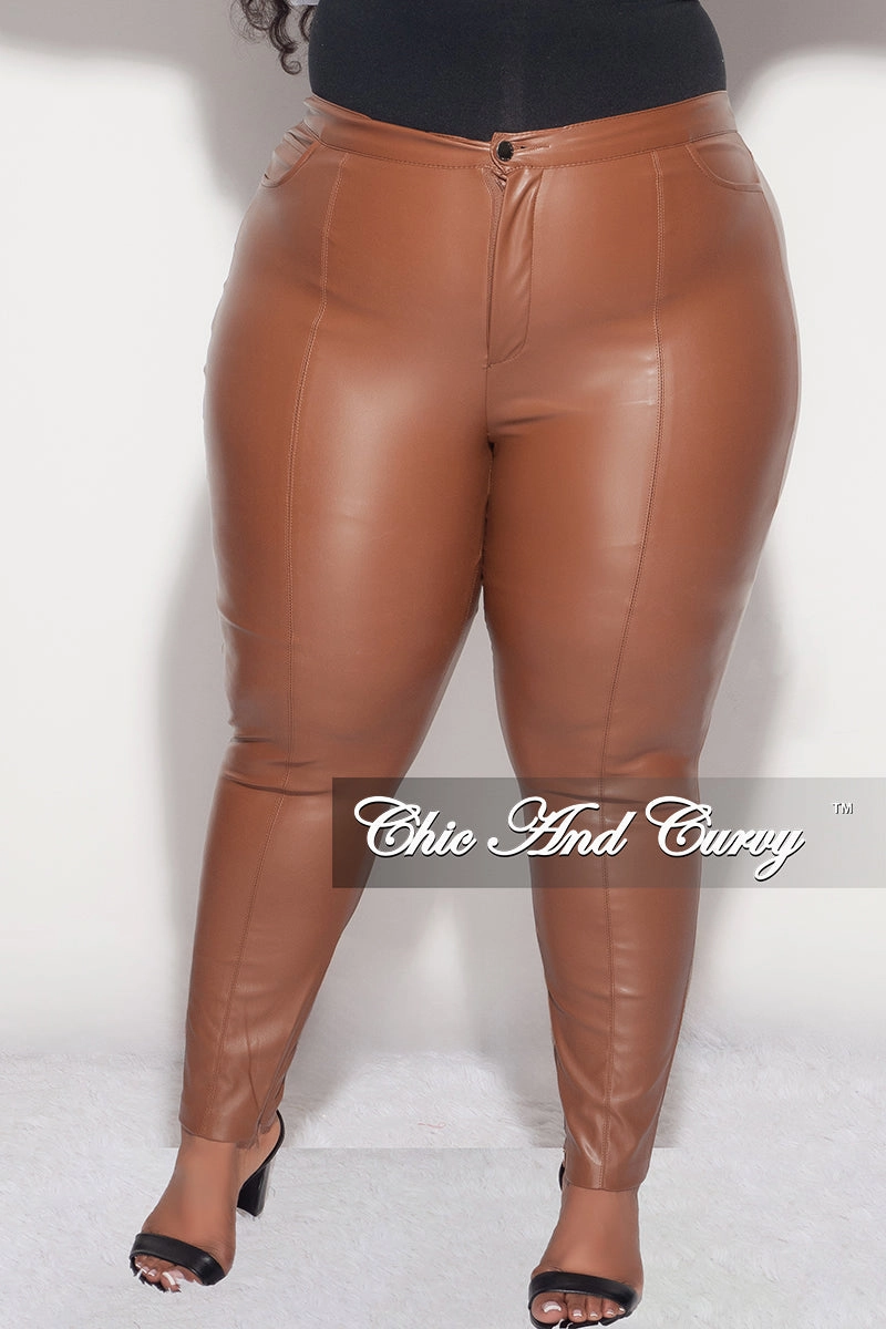 Final Sale Plus Size Faux Leather Pants with Bottom Zipper in Cognac Stretch Support Essential Comfort Wear