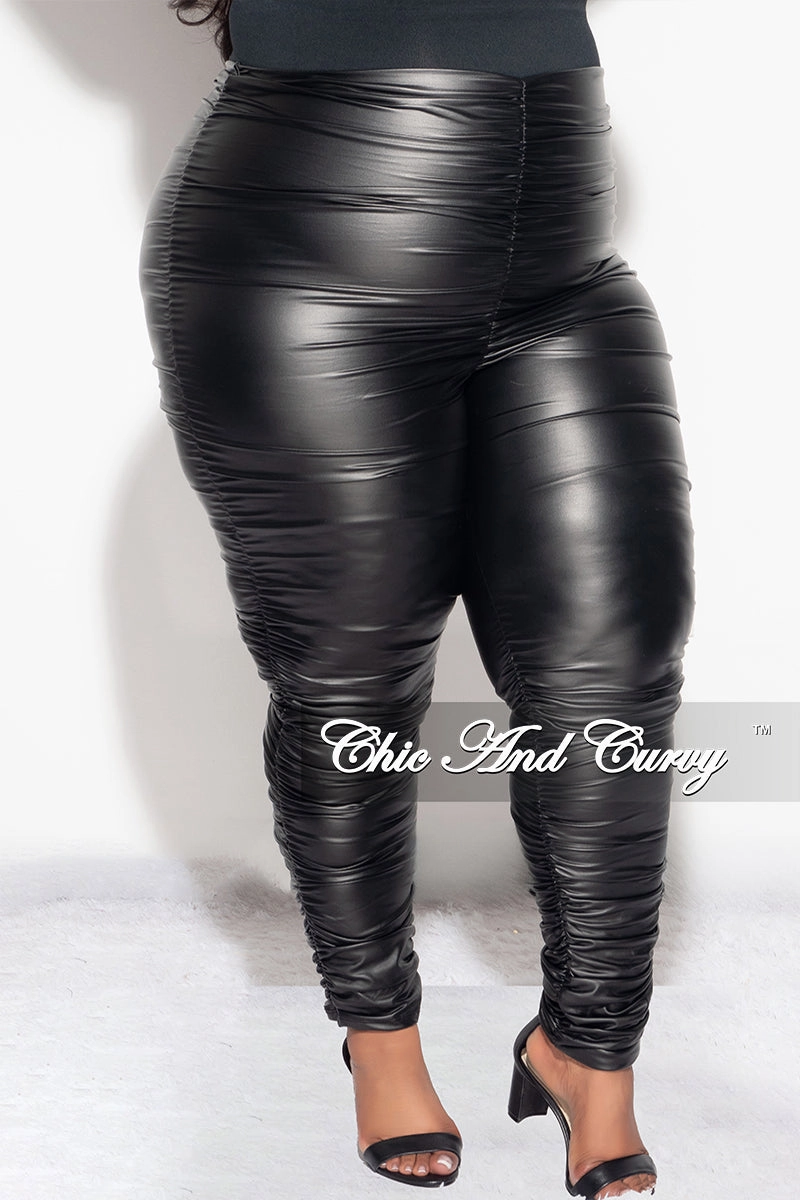 Final Sale Plus Size Faux Leather Ruched Legging Pants in Black Active Stretch