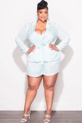 Final Sale Plus Size Faux Linen 2pc Short Set in Mint Simple Comfort Wear Low Profile Fasteners