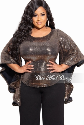 ResilientElasticBand Final Sale Plus Size Faux Sequin Bell Sleeve Top in Gold