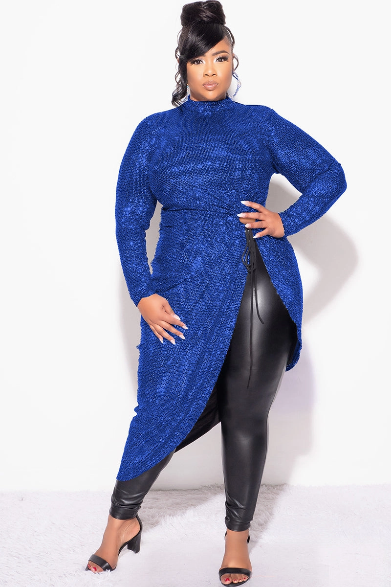 Final Sale Plus Size Faux Sequin Hologram Top in Blue LightweightTexture AntiPilling Technology