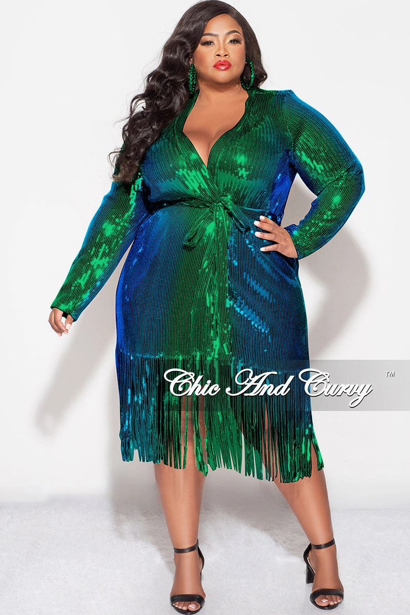 Final Sale Plus Size Faux Sequin Mermaid Duster with Belt in Green and Blue Sporty Blouse Thermal Insulation Tech