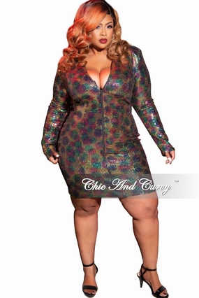 Final Sale Plus Size Faux Sequin Zip-Up Bodycon Dress in Rainbow Print FadeResistant Treatment High Density Weave