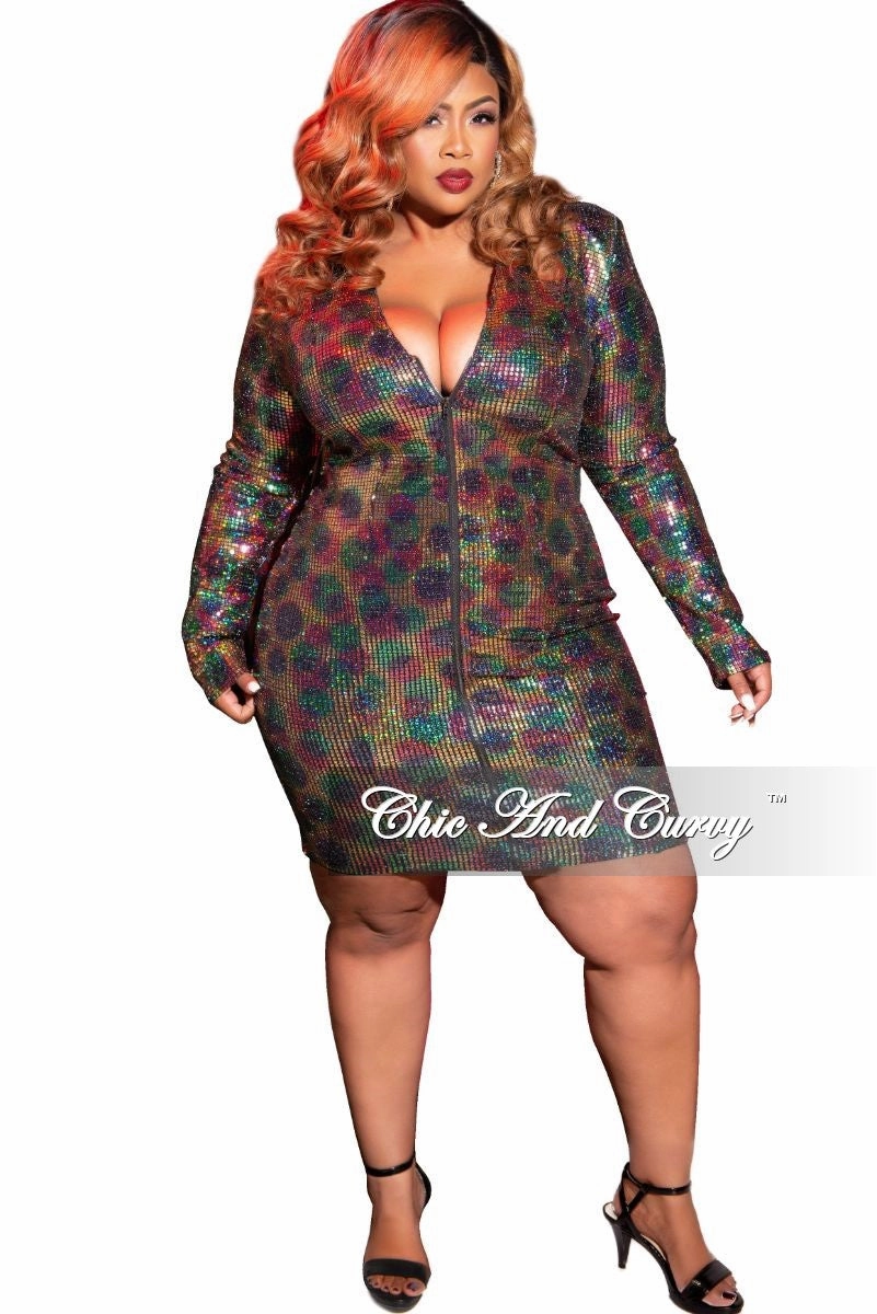 Final Sale Plus Size Faux Sequin Zip-Up Bodycon Dress in Rainbow Print FadeResistant Treatment High Density Weave