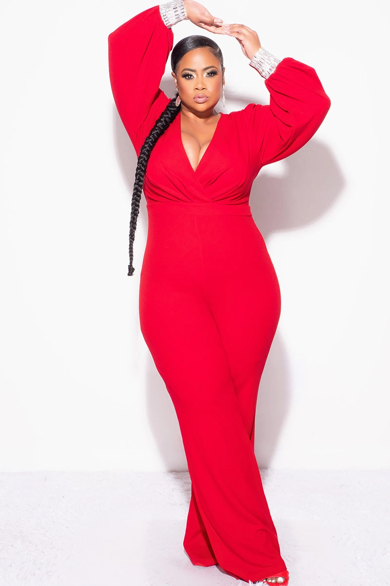 PlacketDetail Final Sale Plus Size Faux Wrap Collar Jumpsuit with Sheer Sleeves and Rhinestone Cuffs in Red