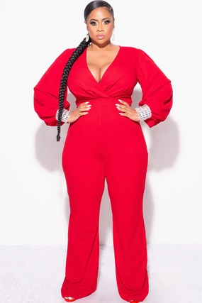 Final Sale Plus Size Faux Wrap Collar Jumpsuit with Sheer Sleeves and Rhinestone Cuffs in Red Non Restrictive Armhole Cut Drop Shoulder