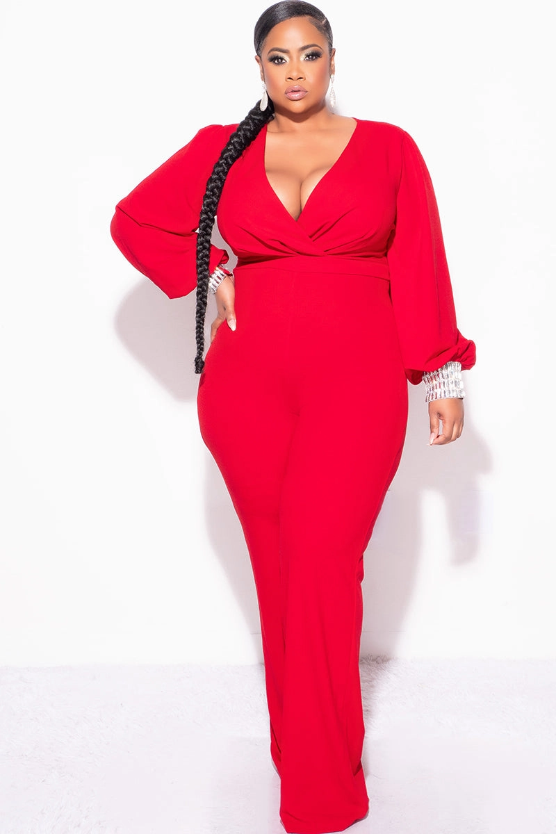 Sleeveless Top Final Sale Plus Size Faux Wrap Collar Jumpsuit with Sheer Sleeves and Rhinestone Cuffs in Red