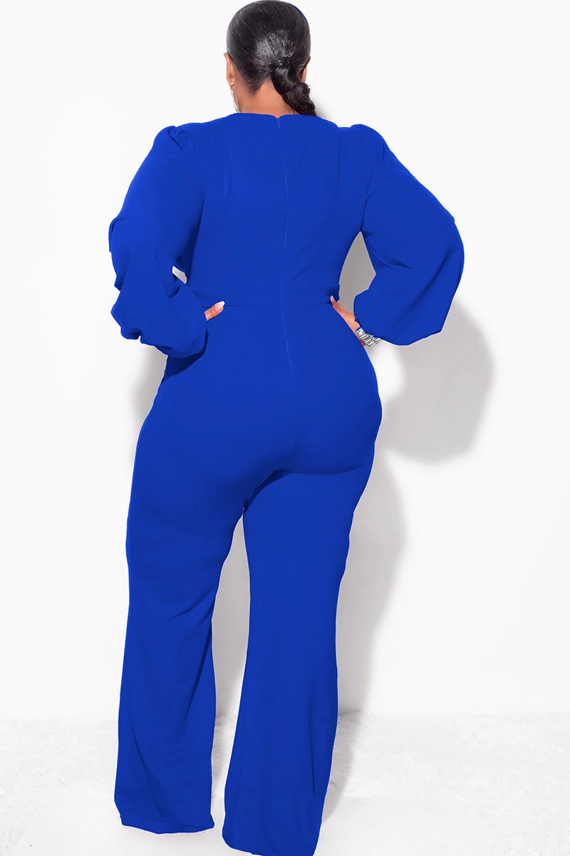 Shape Retention Fabric Final Sale Plus Size Faux Wrap Collar Jumpsuit with Sheer Sleeves and Rhinestone Cuffs in Royal Blue