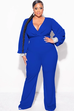 Final Sale Plus Size Faux Wrap Collar Jumpsuit with Sheer Sleeves and Rhinestone Cuffs in Royal Blue Everyday Comfort