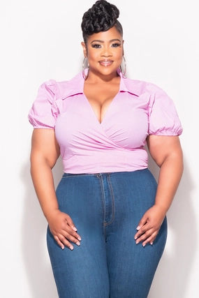 Final Sale Plus Size Faux Wrap Crop Tie Top in Pink and White Gingham Checker Print Move Freely simple design