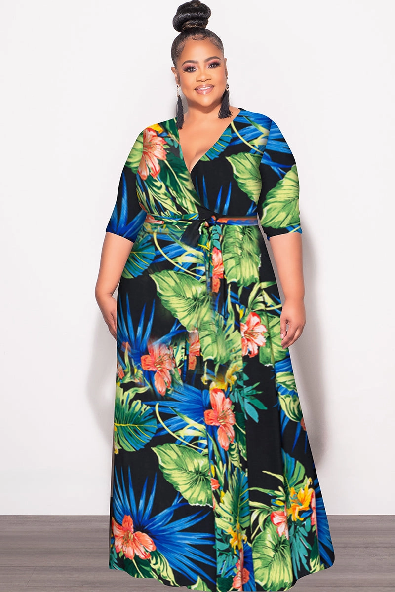 Final Sale Plus Size Faux Wrap Dress in Black Green and Royal Blue Floral Print Perfect Length