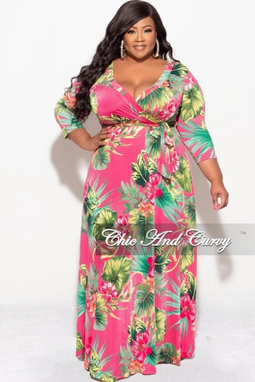 Wear Resistant Fabric Final Sale Plus Size Faux Wrap Dress in Fuchsia Floral Print