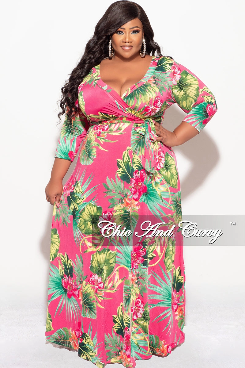 Final Sale Plus Size Faux Wrap Dress in Fuchsia Floral Print Versatile Design