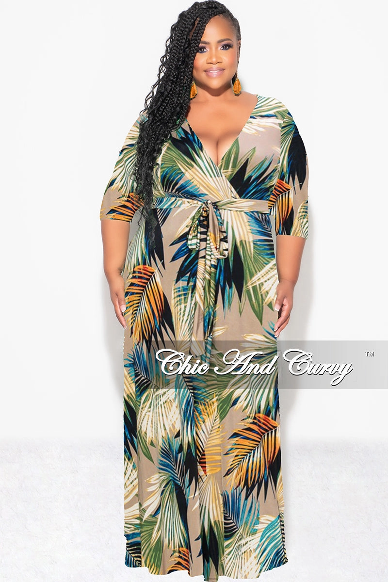 Final Sale Plus Size Faux Wrap Dress in Mocha Palm Print All Purpose