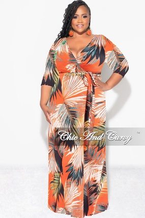 Walk Friendly Final Sale Plus Size Faux Wrap Dress in Orange Palm Print