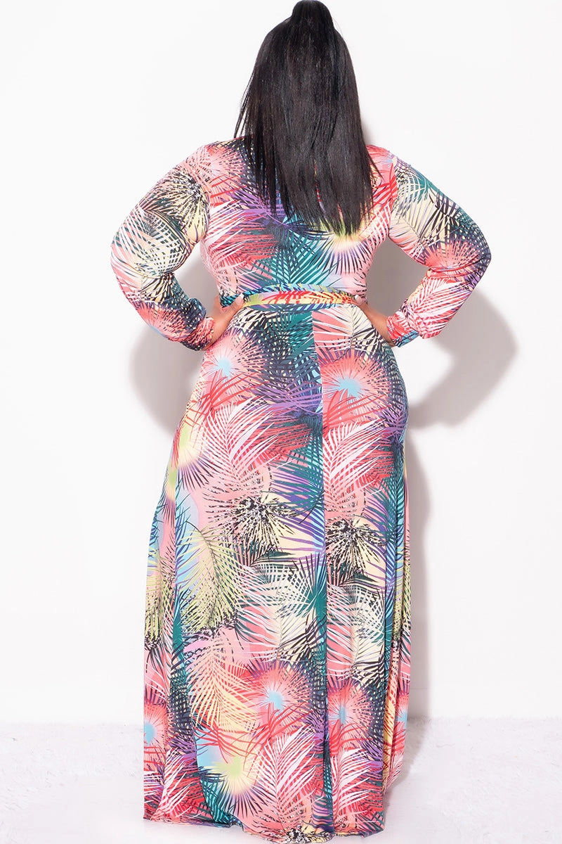 Water Resistant Finish Quick Movement Wear Final Sale Plus Size Faux Wrap Dress with Tie and High Slit in Palm Multi Color Design Print
