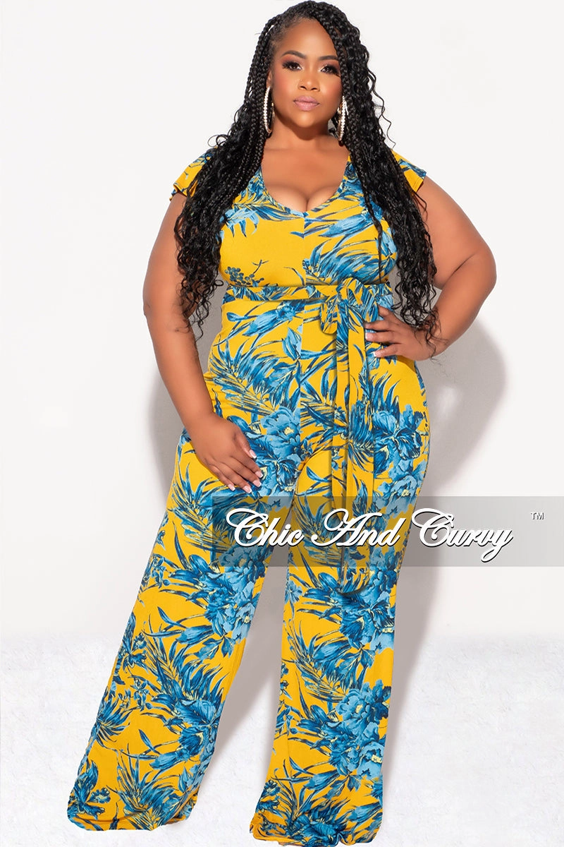 Final Sale Plus Size Faux Wrap Flutter Sleeve Jumpsuit with Tie in Mustard and Turquoise Leaf Print Fashionable Fit
