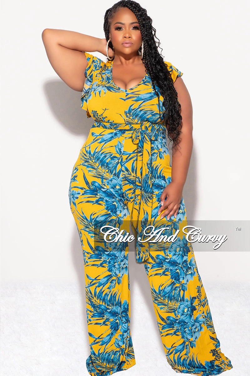 Trendy Design Final Sale Plus Size Faux Wrap Flutter Sleeve Jumpsuit with Tie in Mustard and Turquoise Leaf Print