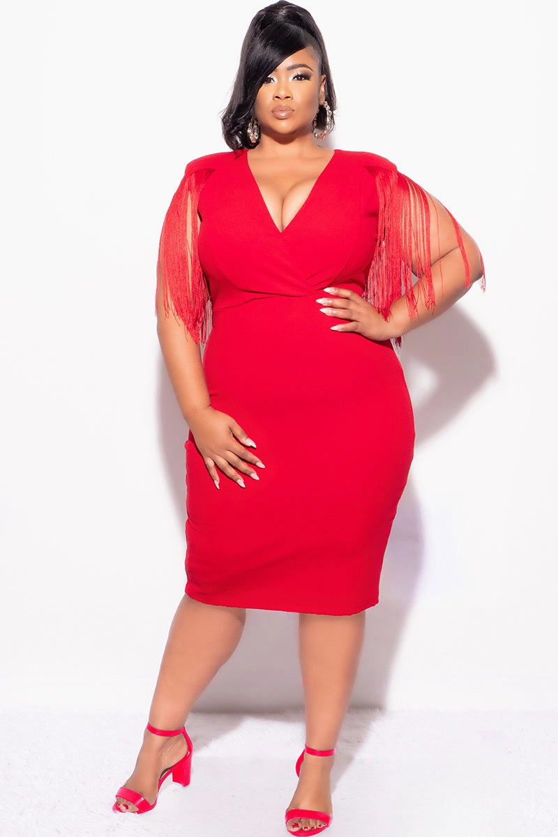 Final Sale Plus Size Faux Wrap Fringe Shoulder BodyCon Dress in Red LowMaintenanceMaterial Eco Friendly Fabric