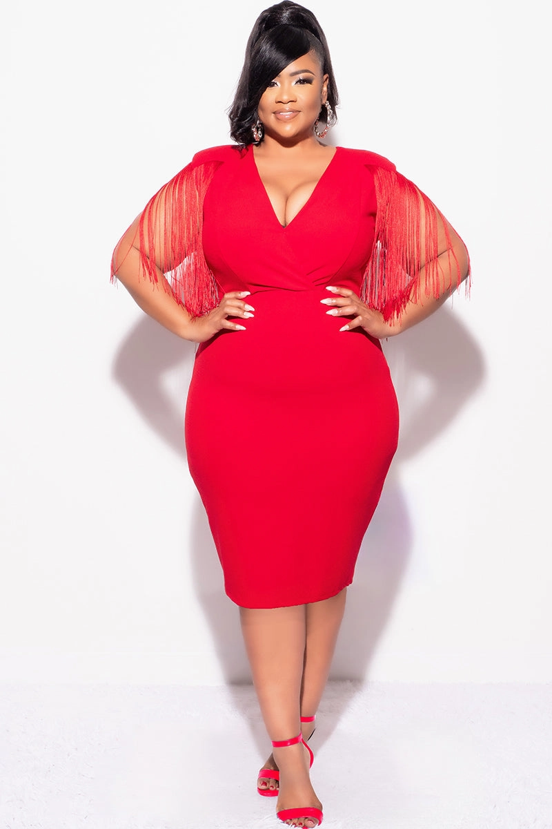 Final Sale Plus Size Faux Wrap Fringe Shoulder BodyCon Dress in Red Eco Dye Process Lightweight Weave Material