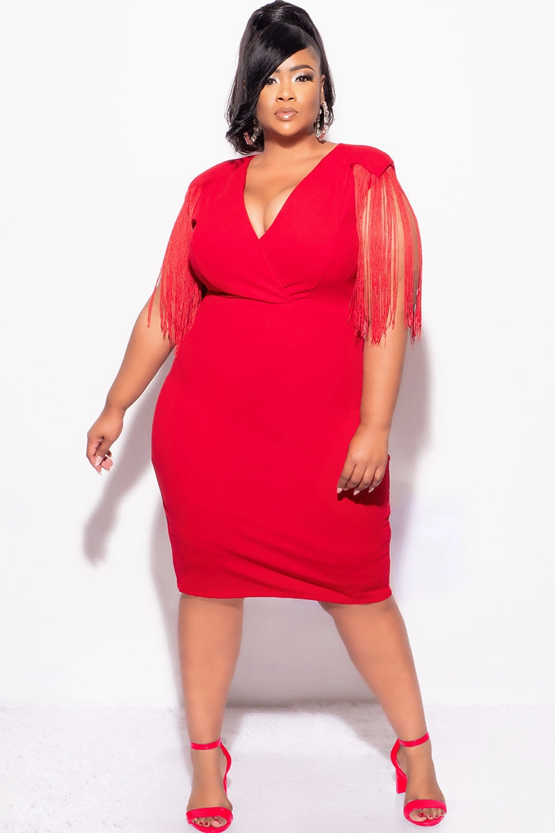 Final Sale Plus Size Faux Wrap Fringe Shoulder BodyCon Dress in Red OdorResistantFinish