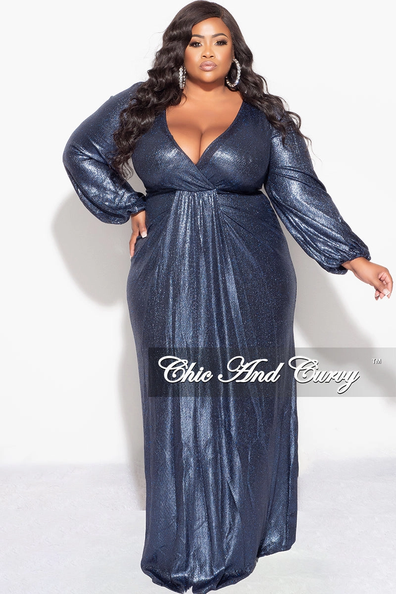 Final Sale Plus Size Faux Wrap Gown with Pleated Waist & Balloon Sleeves in Midnight Blue Metallic Lux Fabric ArticulatedElbowShaping