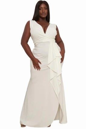 Sporty Tee Active Design Final Sale Plus Size Faux Wrap Gown with Ruffled Slit in Ivory