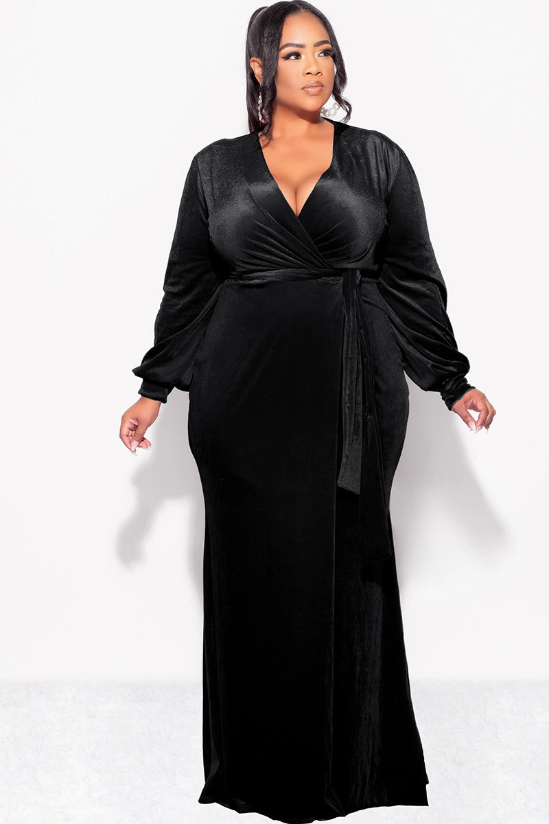 Final Sale Plus Size Faux Wrap Gown with Tie Belt in Black Velvet RelaxedSilhouette