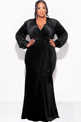 Final Sale Plus Size Faux Wrap Gown with Tie Belt in Black Velvet Comfortable clothing