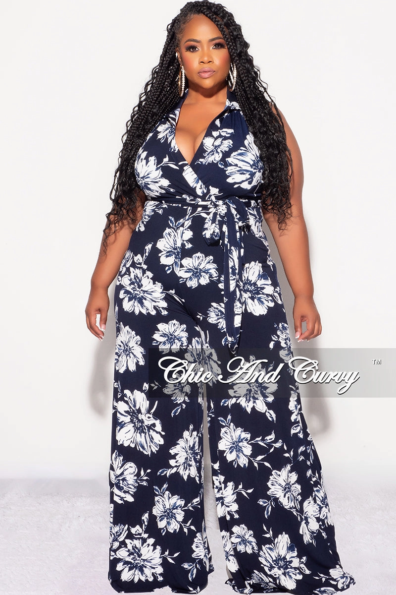 Final Sale Plus Size Faux Wrap Halter Jumpsuit with Waist Tie in Navy and White Floral Print PermeableCloth