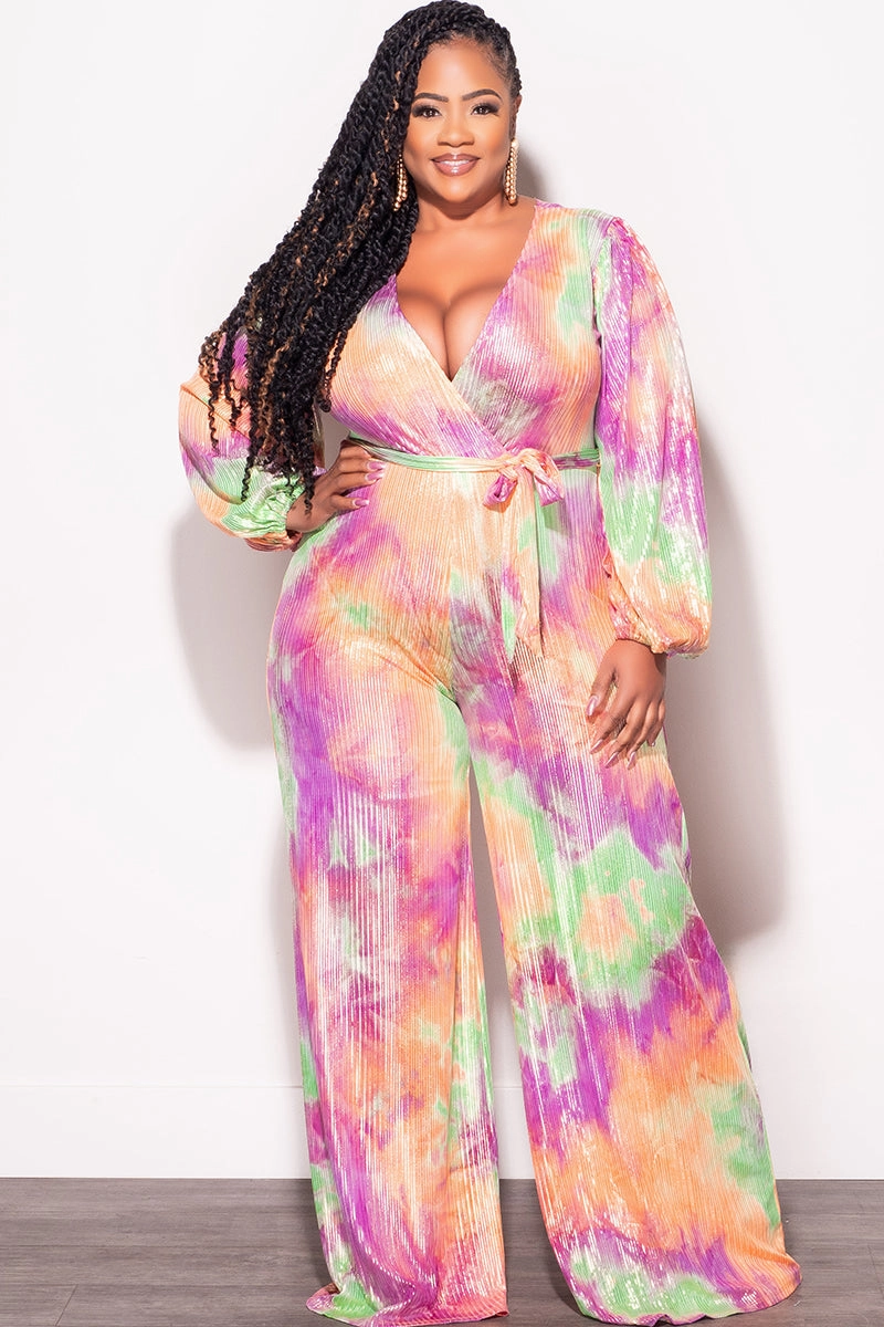 Sport Layer Lightweight Construction Final Sale Plus Size Faux Wrap Jumpsuit with Attached Tie in Orange Purple Green and Gold Foil Tie Dye Print