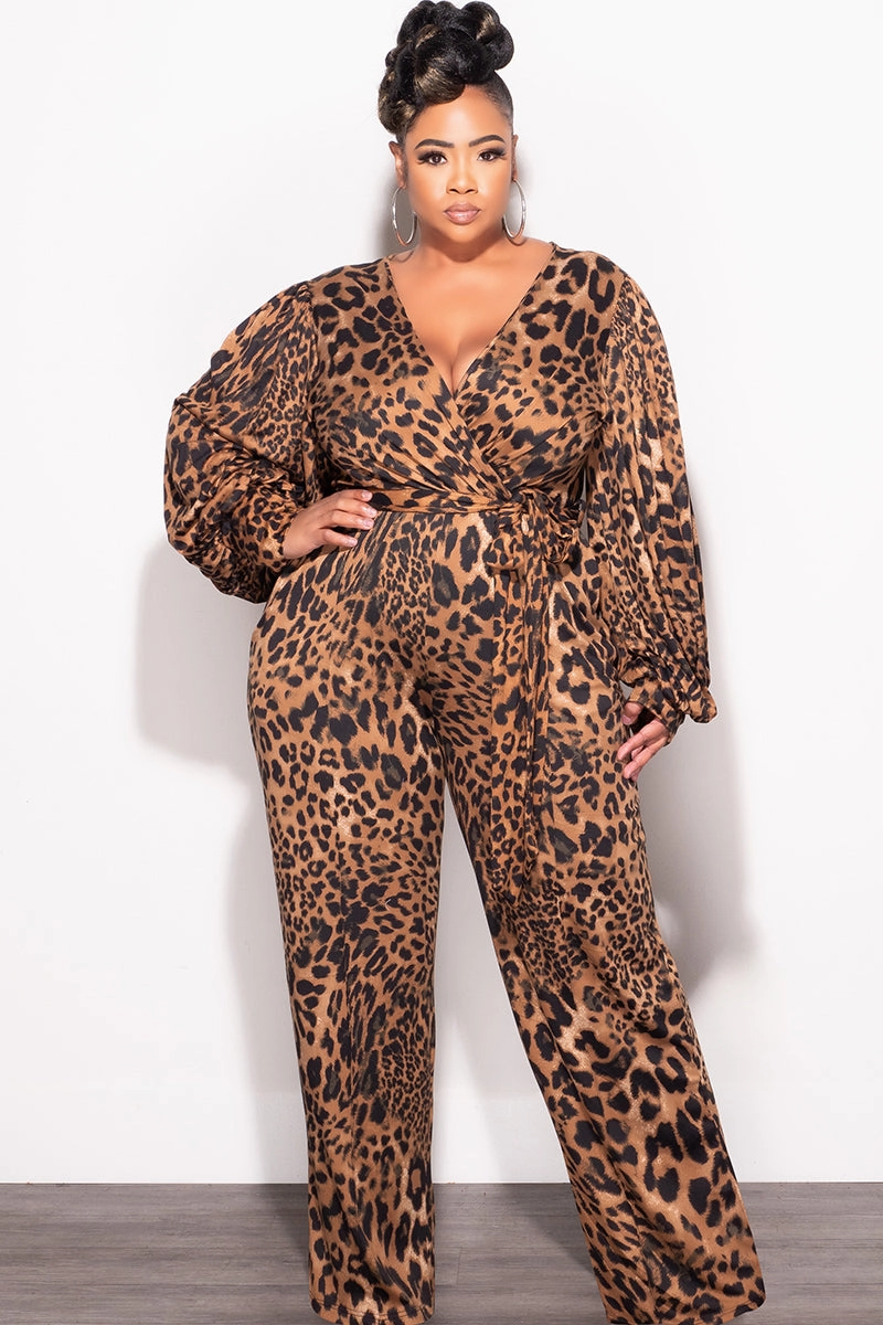 Everyday Comfort Fit Multi-way wear Final Sale Plus Size Faux Wrap Jumpsuit with Tie in Animal Print