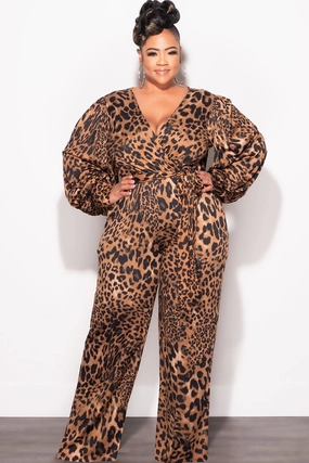 Final Sale Plus Size Faux Wrap Jumpsuit with Tie in Animal Print Air Flow