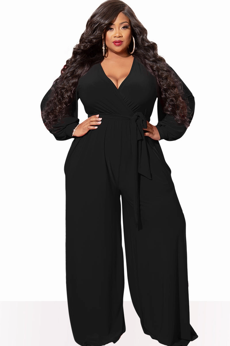 Final Sale Plus Size Faux Wrap Jumpsuit with Waist Tie in Black Flexible Neckline