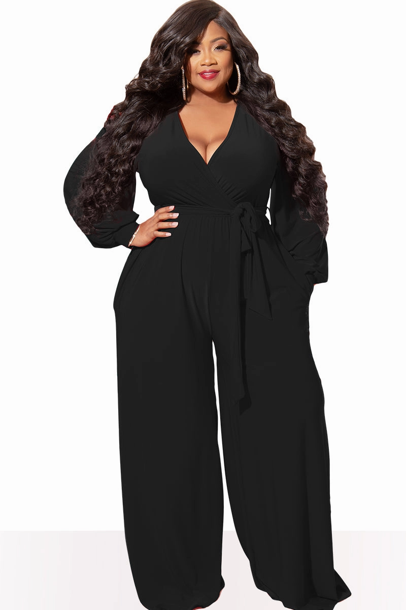Final Sale Plus Size Faux Wrap Jumpsuit with Waist Tie in Black AdjustableNeckline FadeResistant Finish