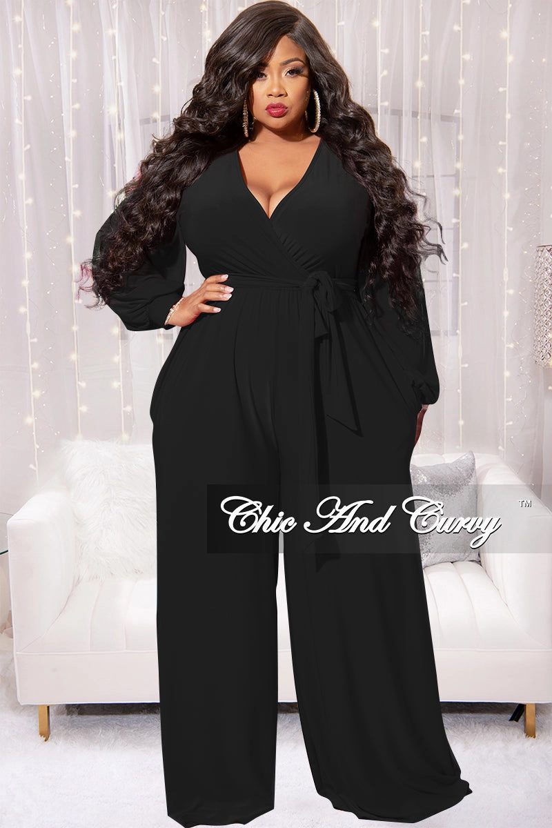 Final Sale Plus Size Faux Wrap Jumpsuit with Waist Tie in Black Flowing Design Basic Wardrobe