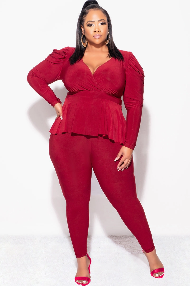 Final Sale Plus Size Faux Wrap Peplum Top and Pants Set in Burgundy Adjustable Drawcord