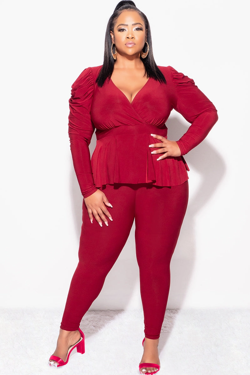 Final Sale Plus Size Faux Wrap Peplum Top and Pants Set in Burgundy Trendy Vibe Minimal Design