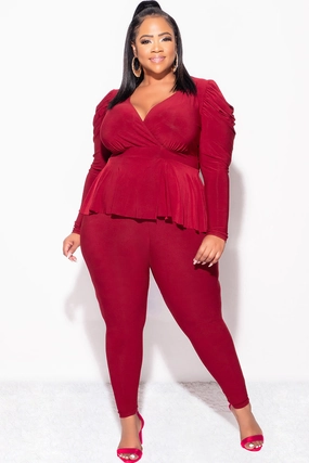 Final Sale Plus Size Faux Wrap Peplum Top and Pants Set in Burgundy No Ride Versatile Layer