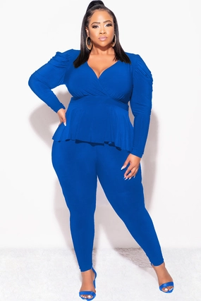 FlexibleKneePanels Flex Foam Inserts Final Sale Plus Size Faux Wrap Peplum Top and Pants Set in Royal Blue