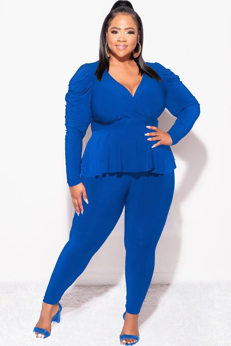 Cropped hem Final Sale Plus Size Faux Wrap Peplum Top and Pants Set in Royal Blue