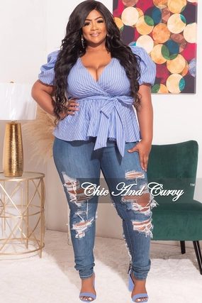 Elastic Fit Final Sale Plus Size Faux Wrap Peplum Top with Waist Tie in Blue Stripe Print