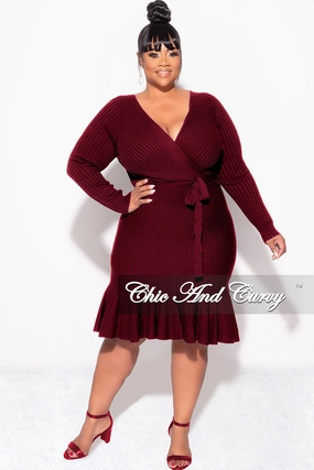 Chill Ready Final Sale Plus Size Faux Wrap Ribbed BodyCon Dress with Waist Tie and Bottom Ruffle in Burgundy