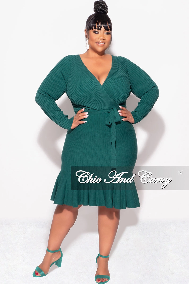 Structured fabric Final Sale Plus Size Faux Wrap Ribbed BodyCon Dress with Waist Tie and Bottom Ruffle in Green